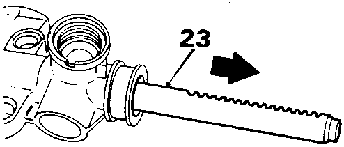 Diagram showing rack being pushed out of pinion end of rack tube, indicated by arrow and part 23.