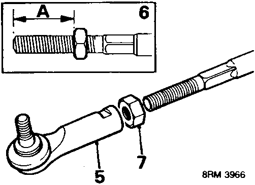 Diagram showing tie-rod end components labeled 5, 6, 7 and dimension A