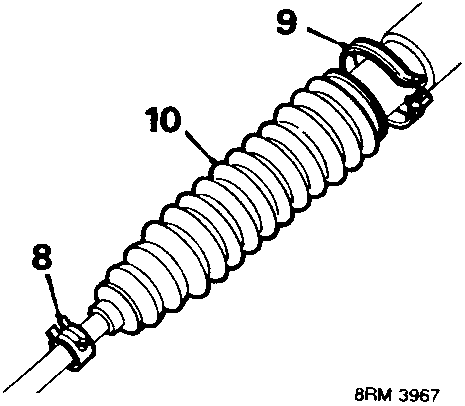 Diagram showing bellows and clip on tie-rod assembly labeled 8, 9, 10