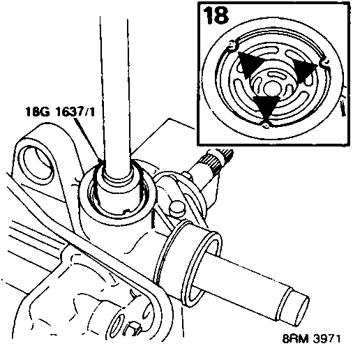 Diagram showing tool 18G 1637/1 being used on a yoke cover, with inset detail of staking marks labeled 18.