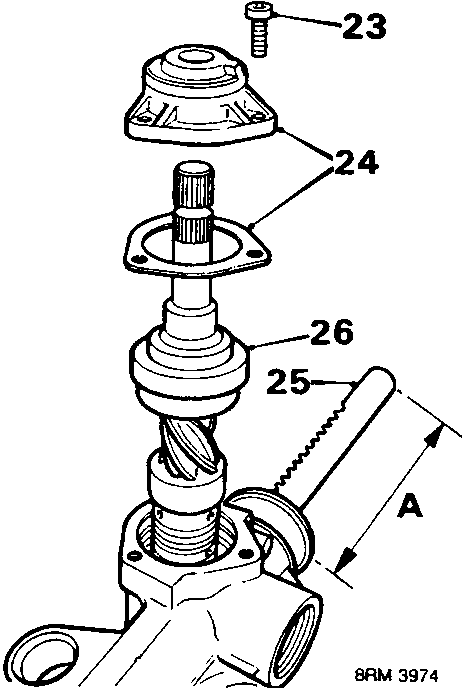 Exploded diagram of pinion assembly showing screws (23), pinion cover (24), gasket (25), and rack protrusion dimension 'A' (26).