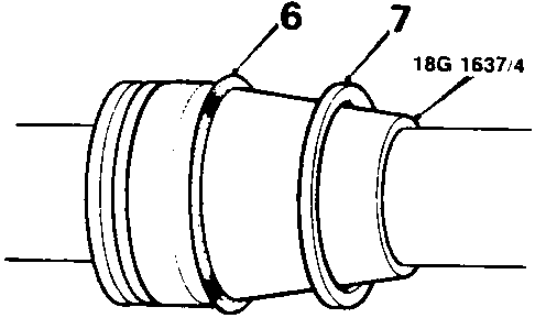 Diagram showing tool 18G 1637/4 locating against piston components 6 and 7.