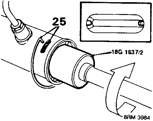 Diagram showing a tool (18G 1637/2) engaging with a retaining wire tang on a steering rack component, reference number 25 pointing to the tang.