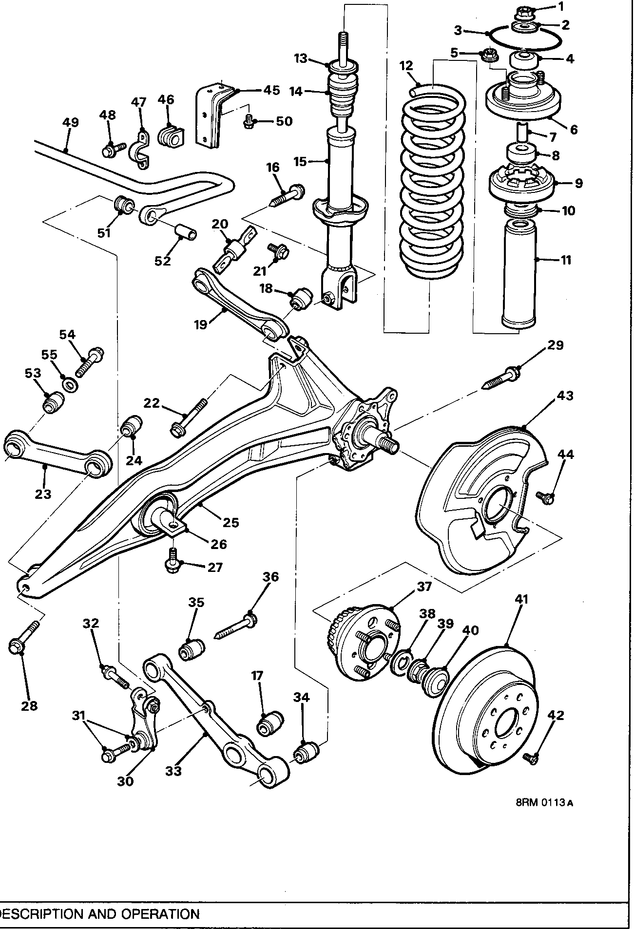 Exploded view diagram of the front suspension assembly showing components including the steering knuckle, control arms, shock absorber, coil spring, brake disc, and various fasteners and bushings.