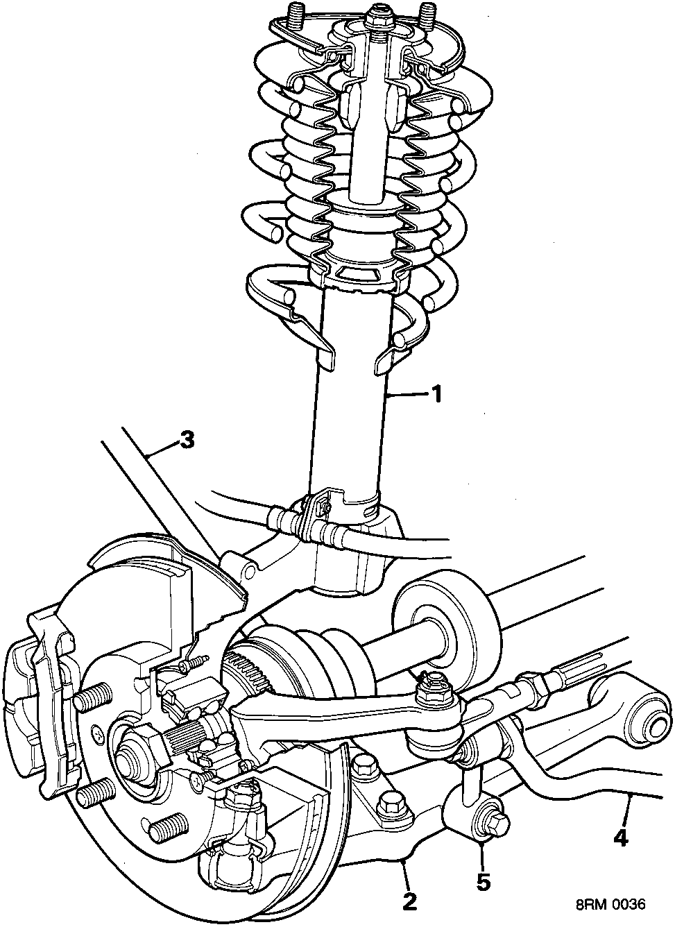 Diagram of the front suspension assembly showing a MacPherson strut, transverse lower arm, longitudinal tie rod, anti-roll bar, and anti-roll bar link