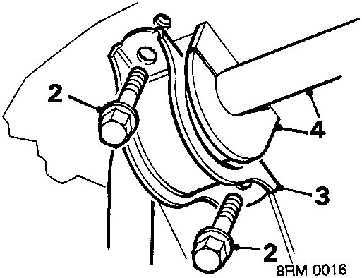 Diagram showing anti-roll bar bushes and clamps with callout numbers 2, 3, and 4