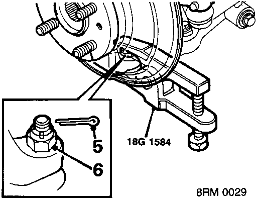 Diagram showing a ball joint separator tool (18G 1584) being used on a lower ball joint, with split pin labeled 5 and nut labeled 6