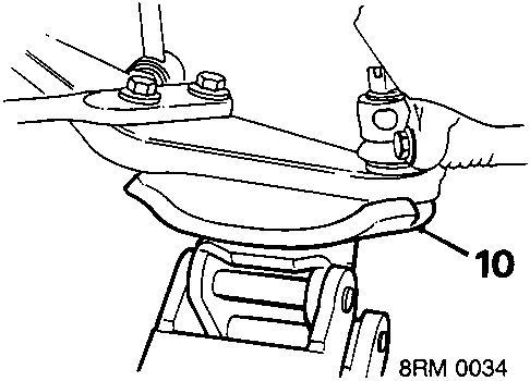 Diagram showing the lower arm raised on a jack, with callout number 10 pointing to the suspension assembly.