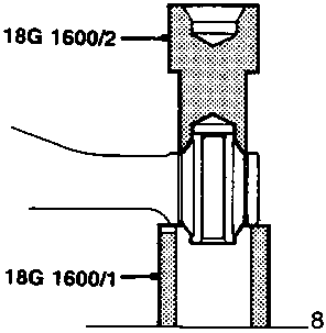 Diagram showing tool 18G 1600/1 and 18G 1600/2 pressing a bush from a lower arm.