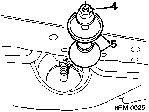 Diagram showing tie rod connection to subframe, with callout numbers 4 (nut) and 5 (flanged washer and bush).