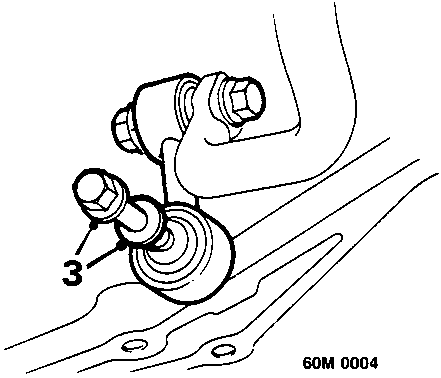 Diagram showing the removal of a bolt connecting the anti-roll bar link to the lower arm, with callout number 3 pointing to the joint.