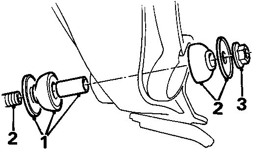 Diagram showing the refitting of the tie rod assembly, including the flanged washer, bush, spacer, and nut, with callout numbers 1, 2, and 3.