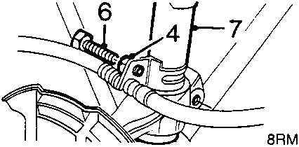 Diagram showing the removal of bolts for the brake hose bracket and ABS sensor lead bracket from the damper bracket, with callout numbers 4, 6, and 7.