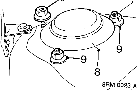 Diagram showing the top mounting of the damper assembly, with callout numbers 8 and 9 indicating the relationship to the body and the nuts securing it to the wing valance.