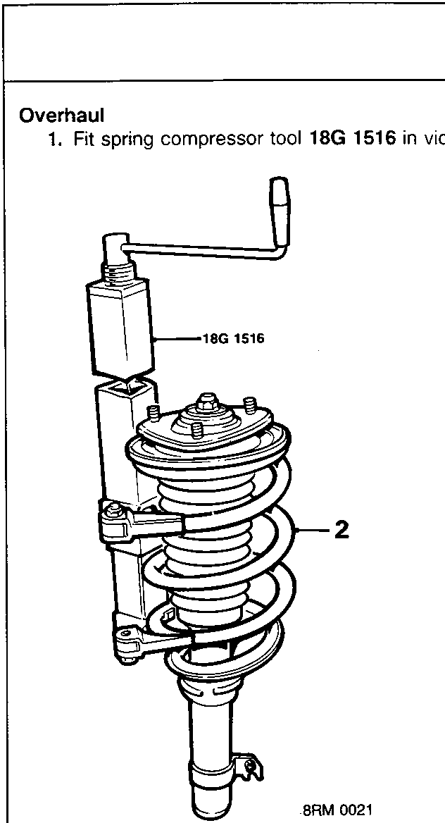 Spring compressor tool 18G 1516 fitted to a damper and spring assembly, with callout 2 pointing to the spring coils.