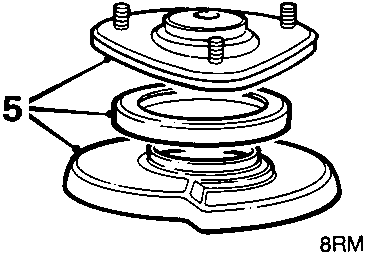 Exploded view of the top mount components: a special washer (callout 5), bearing, and spring mounting plate separating from the damper body.
