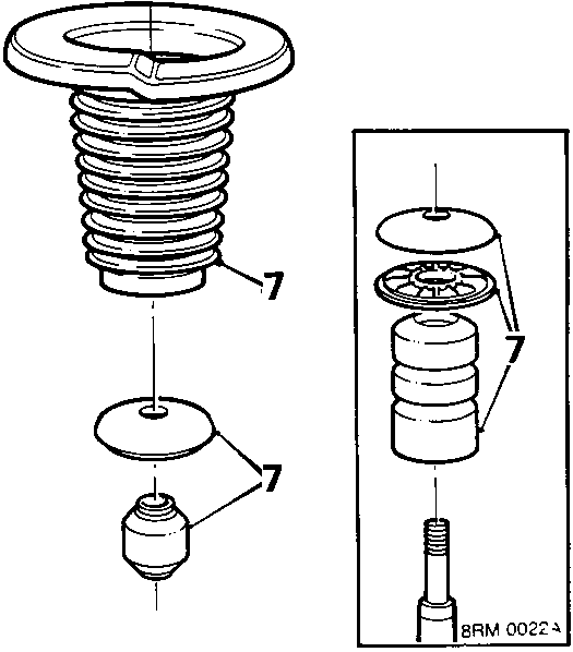 Exploded view of the damper's internal components: dust cover, washers, bump stop or plastic spacer, and spring aid (callouts 7).