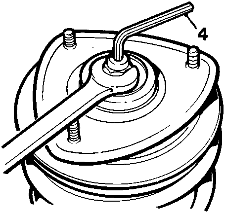 Close-up of the top of the damper mount showing an Allen key inserted into the shaft, with callout 4 pointing to the key.