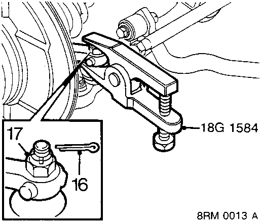 Diagram showing steering arm joint being separated using tool 18G 1584, with callout numbers 16 and 17