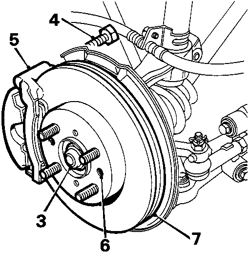 Diagram of front hub assembly showing drive shaft, caliper, brake disc, and hub with callout numbers 3, 4, 5, 6, 7