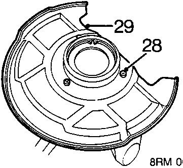 Diagram showing disc shield attached to hub with callout numbers 28 and 29