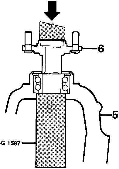 Diagram showing support of hub and bearing assembly on tool 18G 1597 with drive flange being pressed in