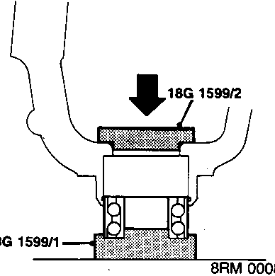Diagram showing tool 18G 1599/1 and 18G 1599/2 pressing a new bearing onto a hub
