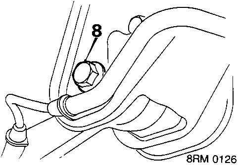 Diagram showing lower arm release from trailing arm with bolt labeled 8 (8RM 0126A)
