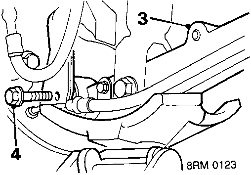 Diagram showing lower arm, trailing arm, and bolt labeled 4 and 3 (8RM 0123)
