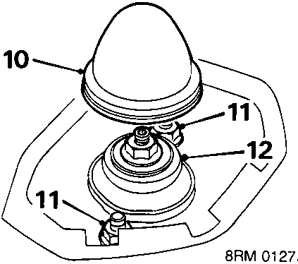 Diagram showing shock absorber upper cover, nuts, and damper assembly labeled 10, 11, 12 (8RM 0127A)