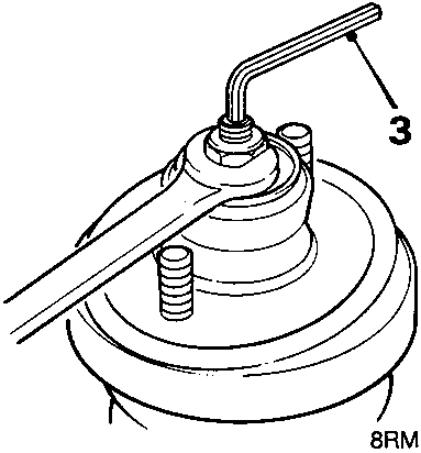 Close-up diagram of an Allen key (item 3) holding the damper shaft while a nut is removed.