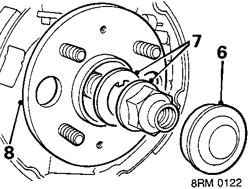 Diagram of rear hub assembly showing callout numbers 6, 7, and 8