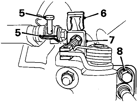 Diagram of handbrake cable, clevis pin, and brake hose connections to the trailing arm