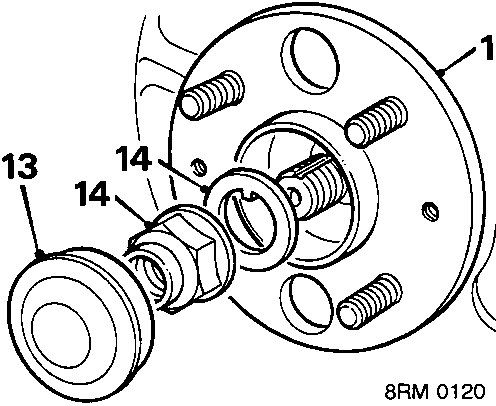 Diagram of hub cap, hub nut, washer, and hub assembly on stub axle