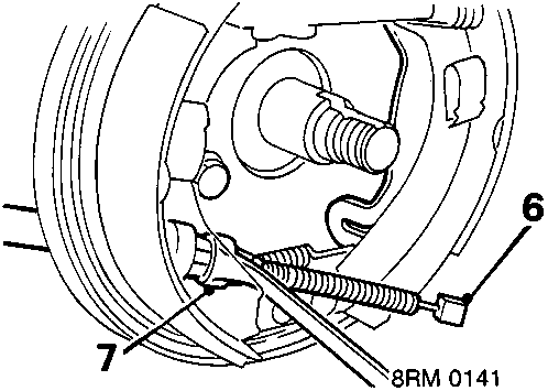 Diagram showing handbrake cable nipple and backplate with bolts numbered 6 and 7