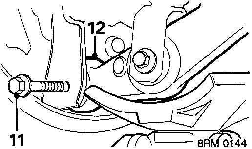 Diagram showing lower arm to trailing arm bolt numbered 11 and release point numbered 12
