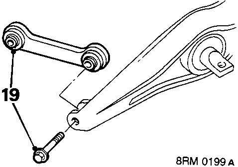 Diagram showing bolt 19 connecting compensator arm to trailing arm