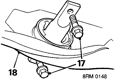 Diagram showing bolts 17 and 18 securing trailing arm bush to body