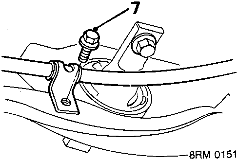 Diagram showing bolt (7) securing handbrake cable clip to trailing arm