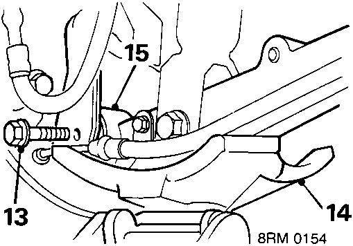 Diagram showing lower arm, trailing arm, and body connection points with callout numbers 13, 14, and 15