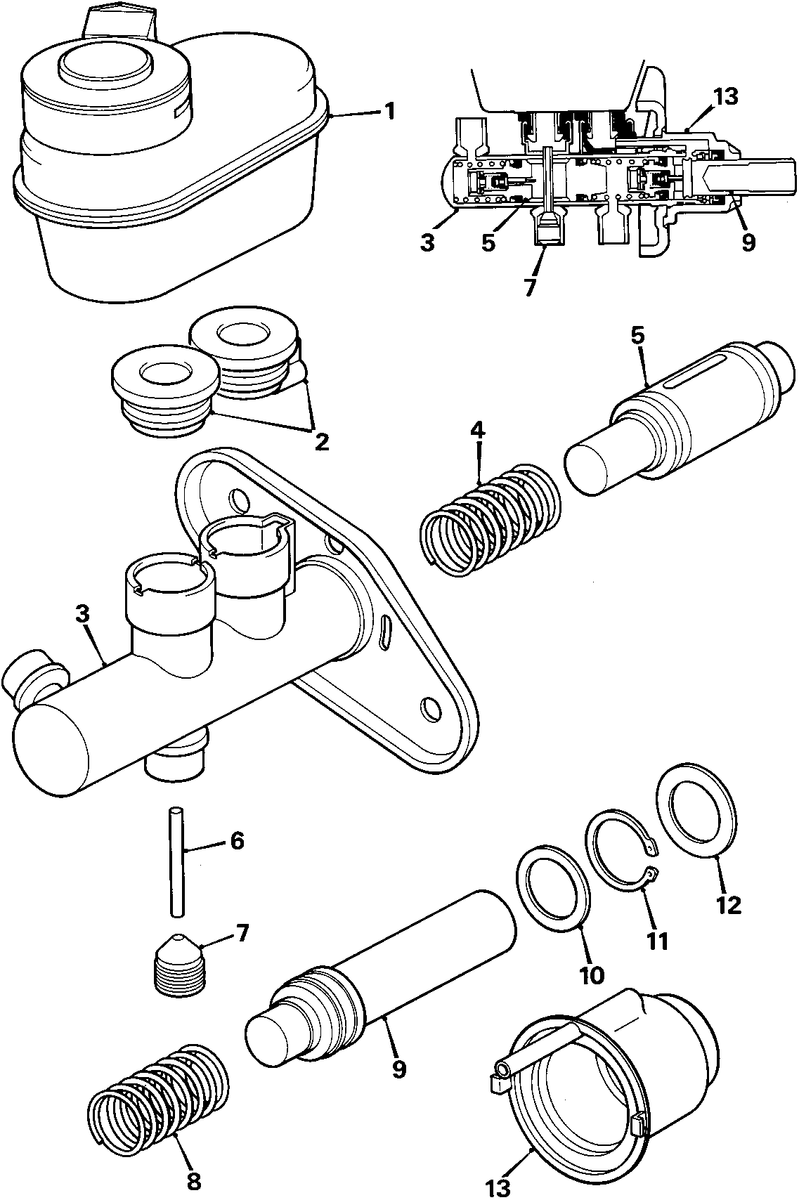 Exploded view diagram of the master cylinder assembly showing numbered components including reservoir, pistons, springs, seals, and mounting hardware.