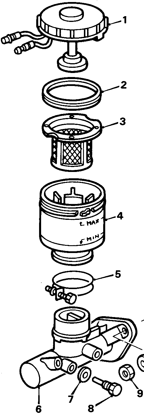 Exploded view of a brake fluid reservoir assembly showing the cap, filter, reservoir body, and mounting hardware with callout numbers 1 through 10.