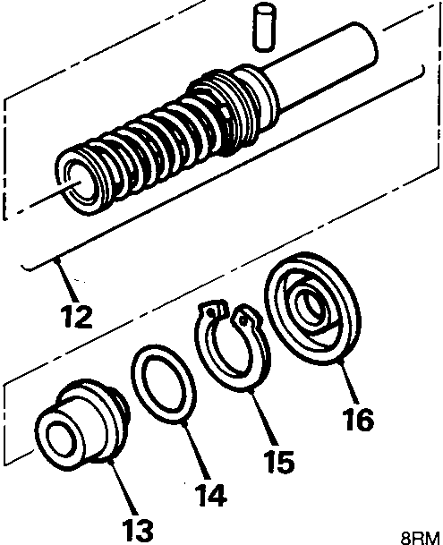 Close-up exploded view of a spring-loaded piston assembly labeled 12, along with associated seals and retainers labeled 13 through 16.