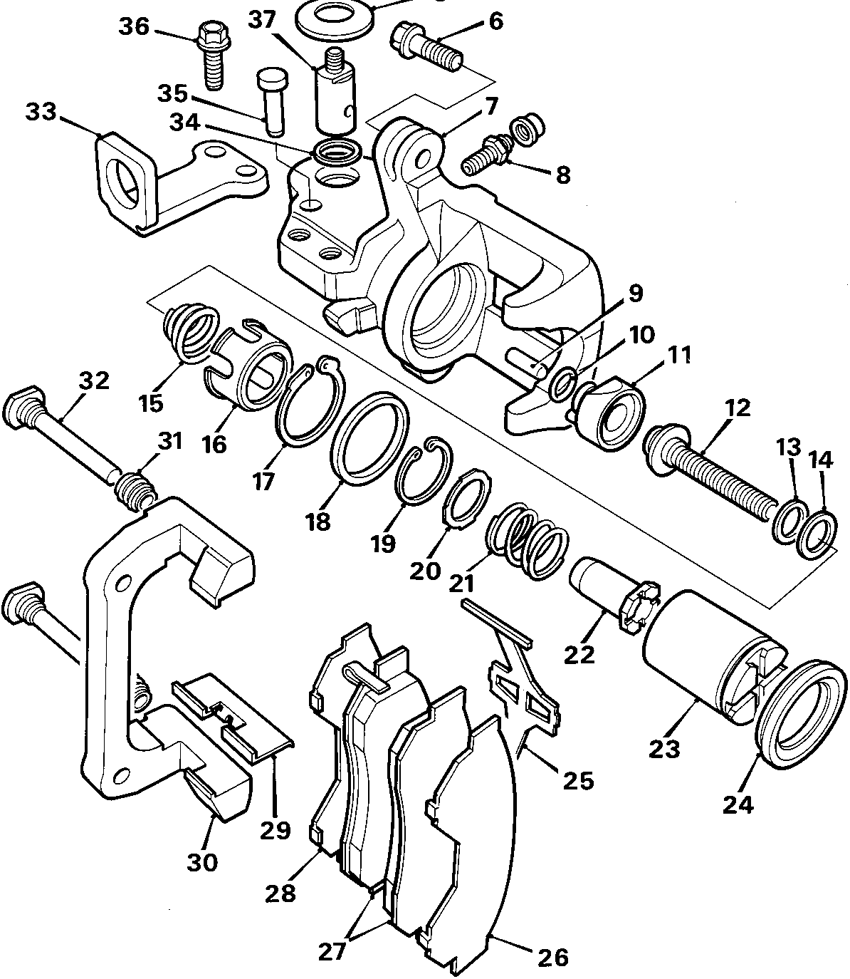 Exploded view diagram of a disc brake caliper assembly showing numbered components including caliper housing, piston, brake pads, springs, retaining clips, guide pins, and mounting hardware.