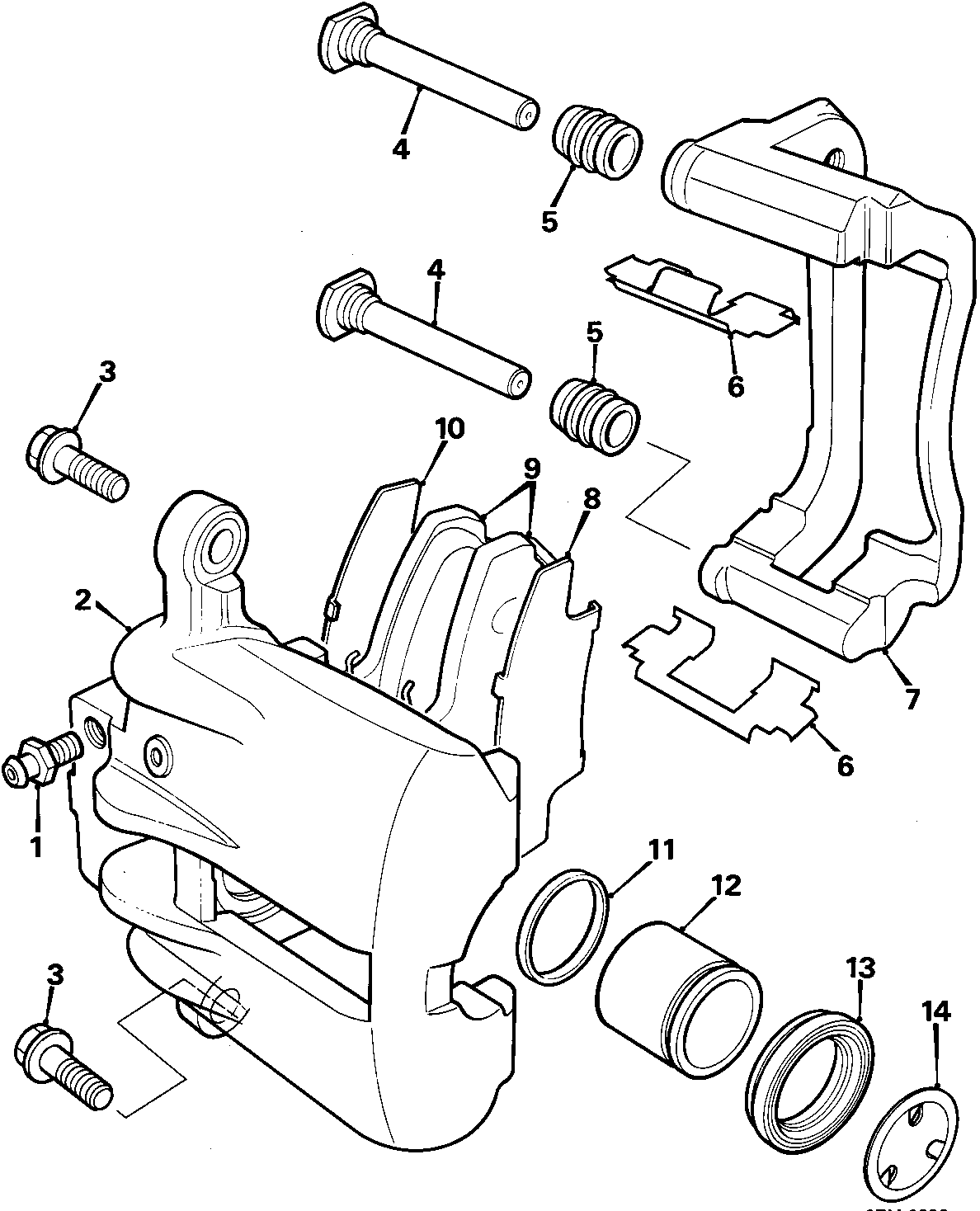 Exploded view diagram of a front brake caliper assembly showing numbered components including the caliper body, carrier, pads, piston, and guide pins.