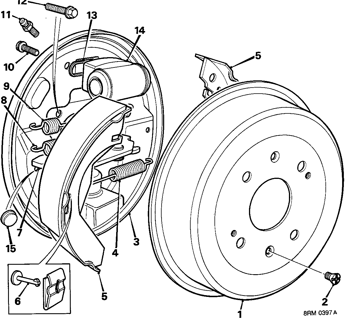Exploded diagram of rear drum brake components showing the brake drum, backplate, wheel cylinder, brake shoes, springs, and adjuster mechanism with numbered callouts 1 through 15.