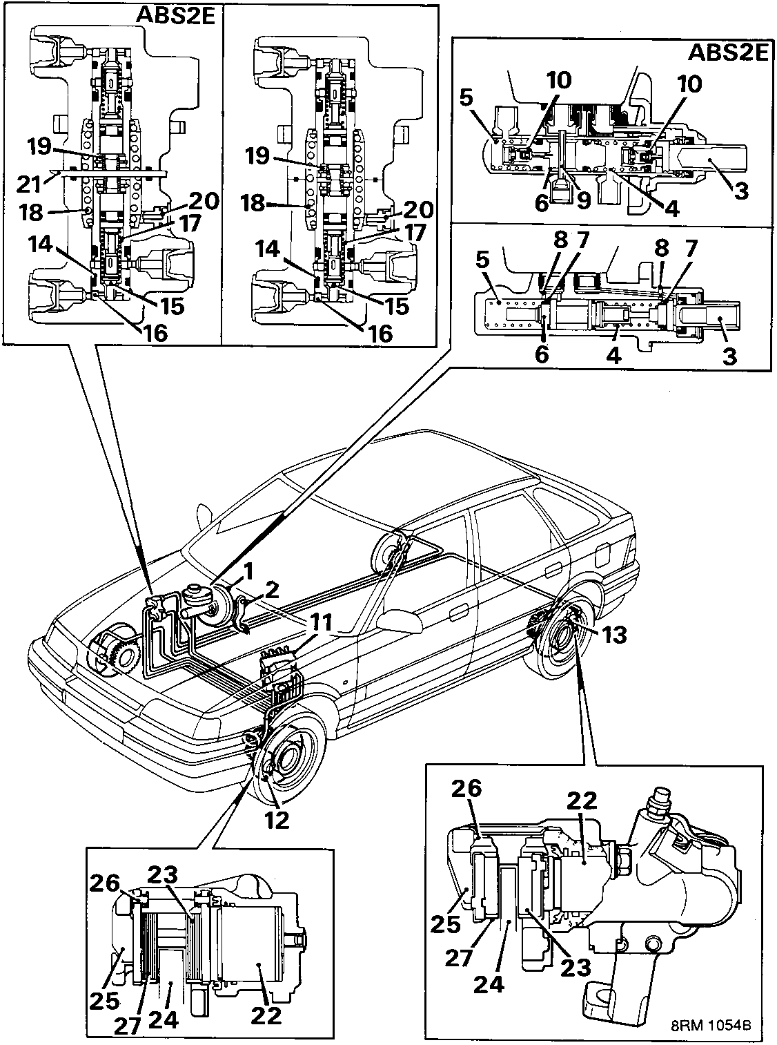 Schematic diagram of the ABS2E braking system showing the vehicle layout, hydraulic modulator valve assembly, and detailed cross-sections of the caliper and valve components with numbered callouts.