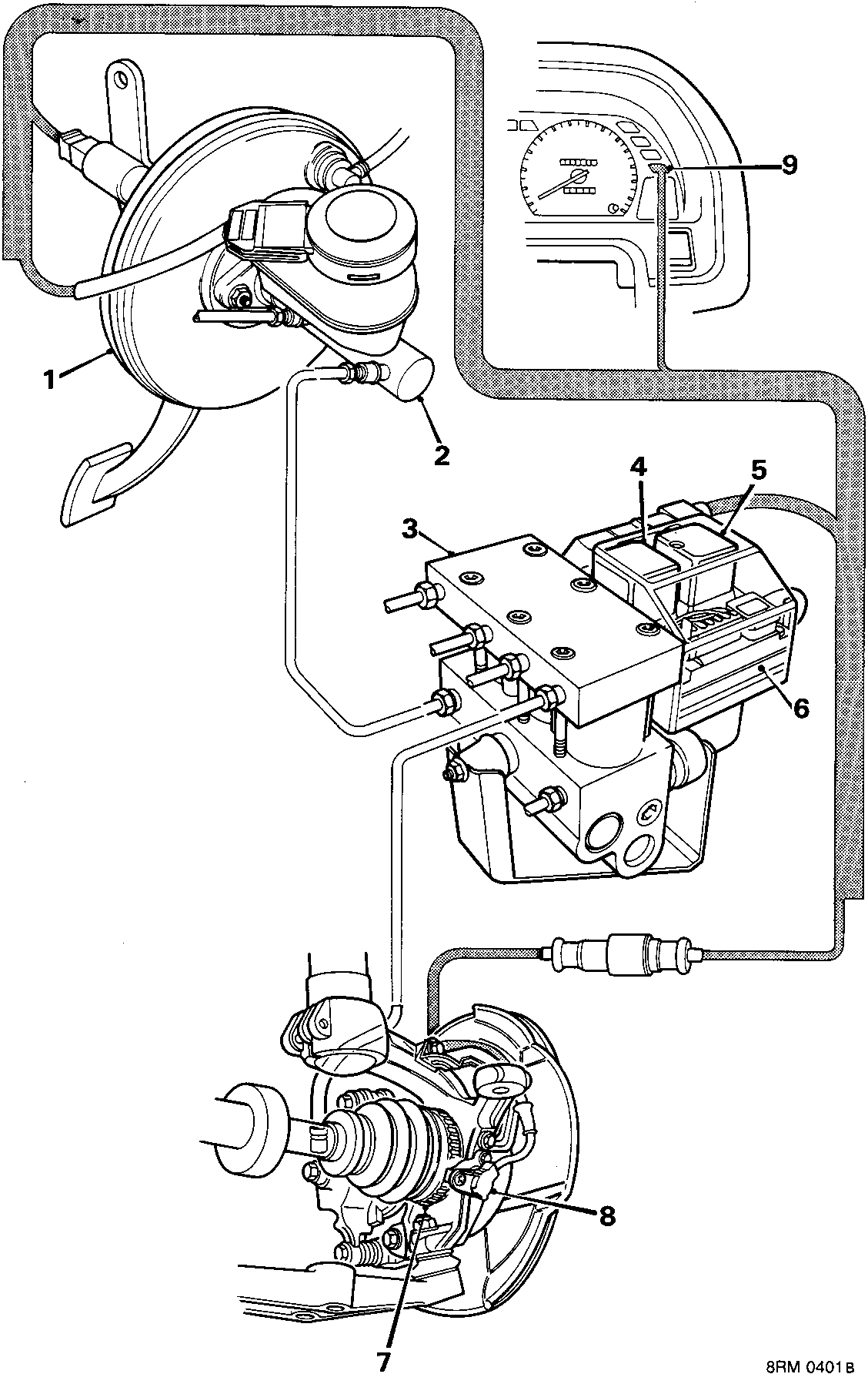 Schematic diagram of the vehicle brake system showing components including the vacuum servo, master cylinder, ABS modulator, wheel speed sensors, and dashboard warning light connected by hydraulic lines.