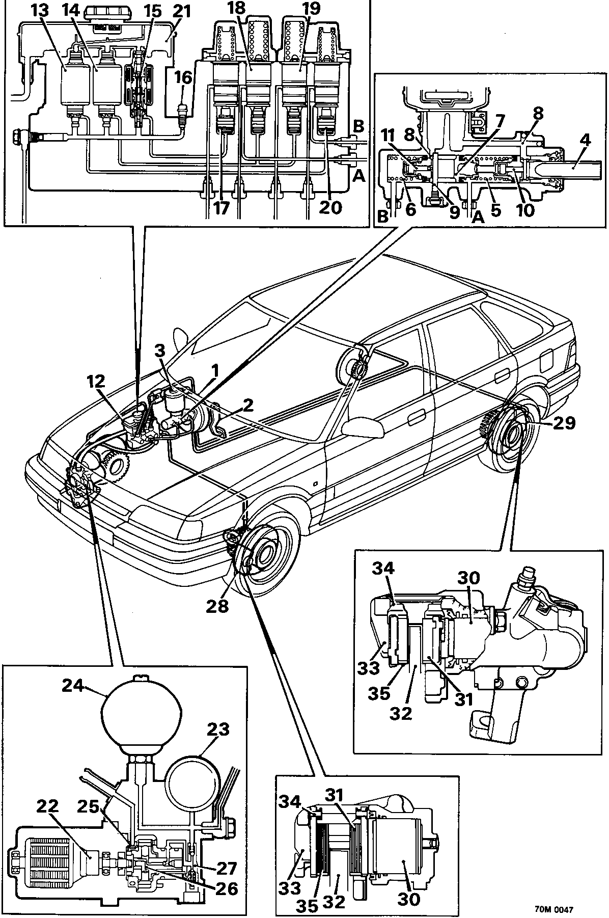 Diagram of the vehicle brake system showing master cylinder, vacuum servo, ABS modulator, front disc calipers, and rear drum brake components with numbered callouts.