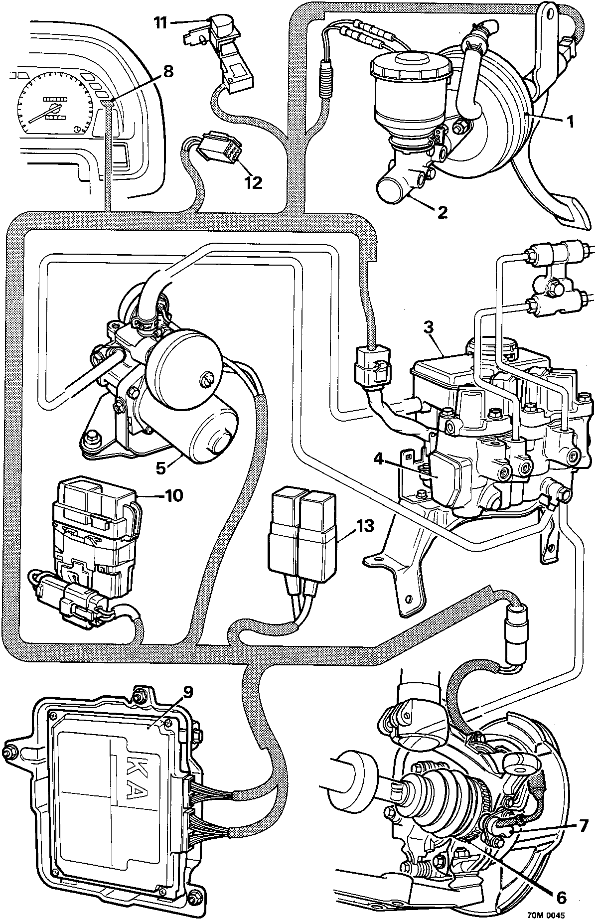 Schematic diagram of the vehicle brake system showing components including the master cylinder, ABS modulator, ECU, wheel sensors, and warning lights connected by hydraulic lines and wiring harnesses.